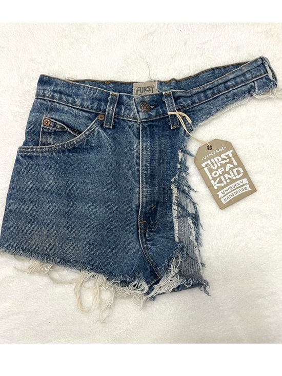 furst of a kind Pants - Furst of a Kind Upcycled Orange Tab Vintage Levi’s One Leg Denim Cutoffs Size S